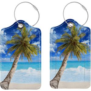 Luggage Tags for Suitcases, 2 Pack Cute PU Leather Suitcase Tag Identifiers TSA Approved with Stainless Steel Loop and Address Card for Baggage Tag for Cruise Airport Travel Essentials by Chelmon (01 Beach)