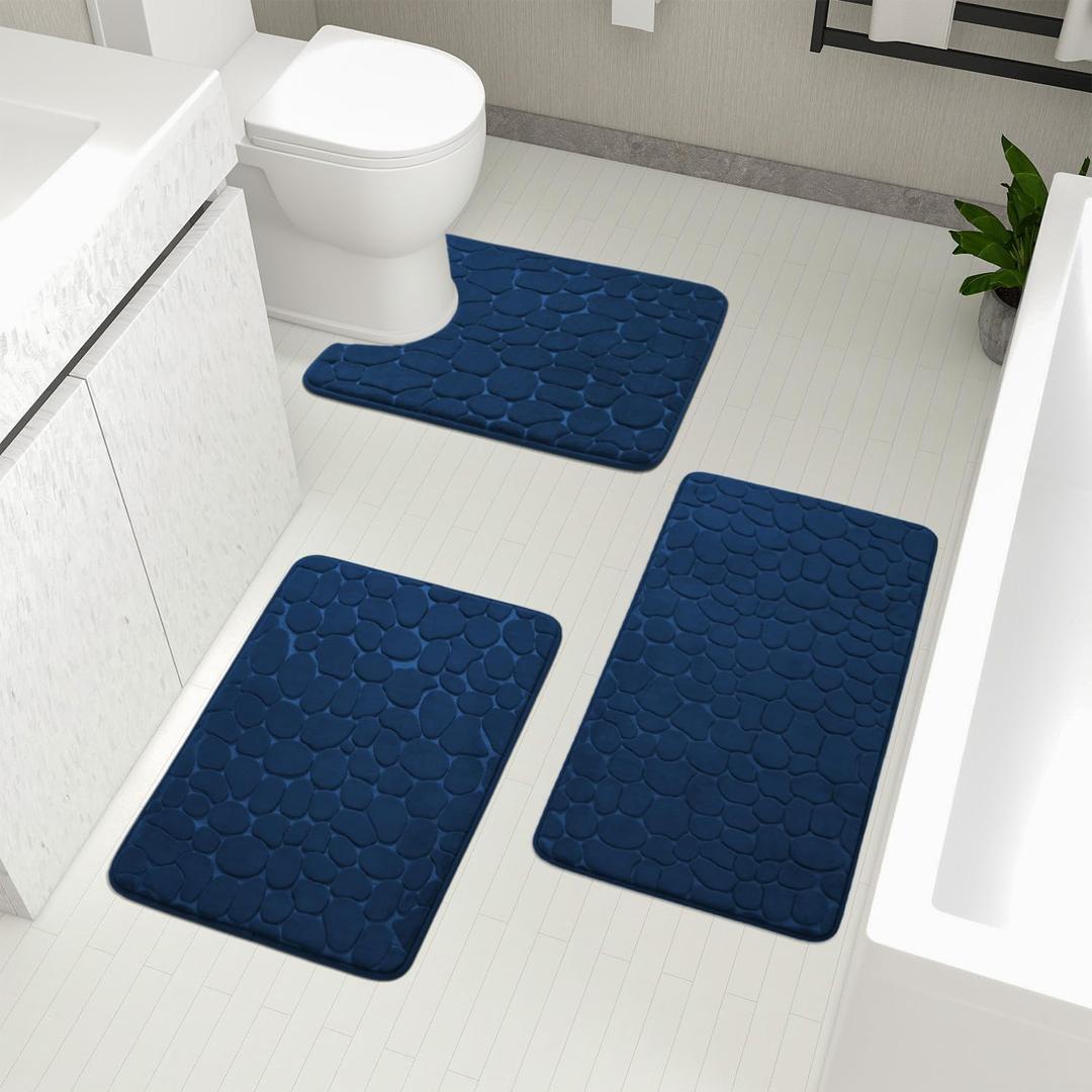 YIHOUSE Bathroom Rugs Set, 3 Piece Cobblestone Memory Foam Bath Mats, Extra Thick Non Slip, Water Absorbent, Washable Dark Blue for Tub, Toilet and Floor