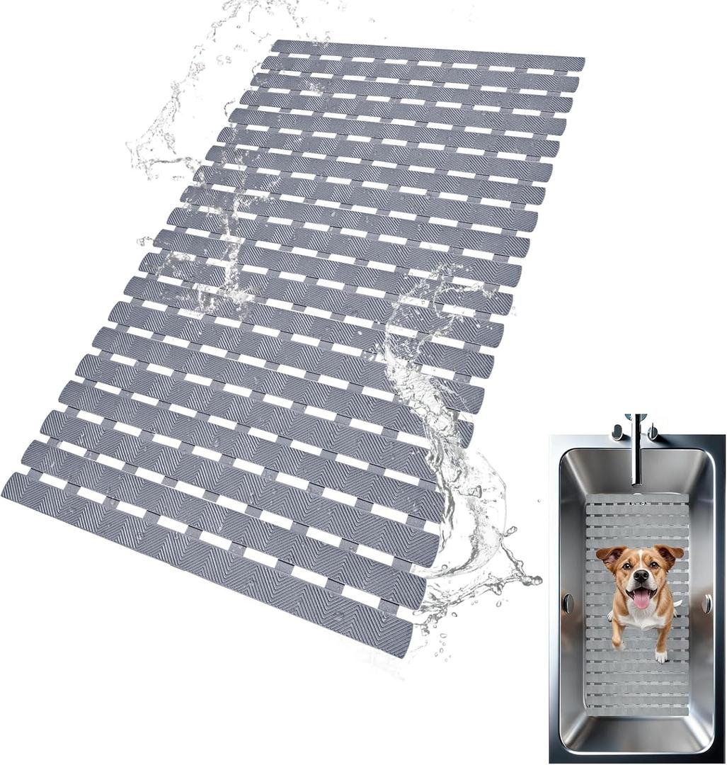 Pet Dog Bathing Non-Slip Mat, Dog Bath mat for tub, Bath Tub Shower Mat, 27.5x15.7 Inch Quick Drain Bathtub Mat with Suction Cups & Drain Holes for Bathroom (Grey)