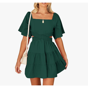 Senllen Women's Summer Dresses 2025 Short-Sleeve Square Neck Mini Dress Crossover Elastic Waist Casual Party Tiered Dress, L, Green