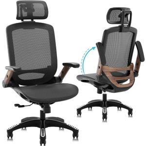 GABRYLLY Ergonomic Office Chair, High Back Home Desk Chair with Headrest, Flip-Up Arms, 90-120 Tilt Lock and Wide Cushion, Big and Tall Mesh Chairs for Man Woman, Black Task Chair(Dark Woodgrain), 22d X 25.2w X 45.3h in