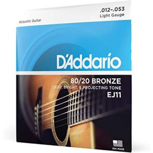 D'Addario Acoustic Guitar Strings, 80/20 Bronze, EJ11, Light Gauge 12-53, 6-String Set, Pack of 1