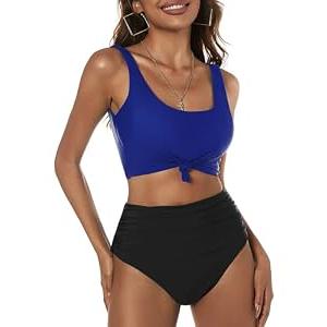 ZAFUL Women's Knot Scoop Neck Bikini Set Ruched High Waisted Two Piece Swimsuits Tankini 2025, Blue Black, XL