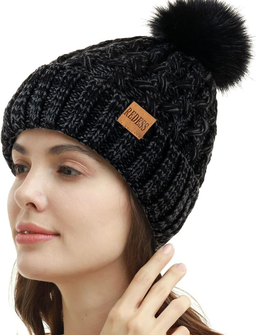 REDESS Women Winter Pompom Beanie Hat Fleece Lined Warm Hats, Thick Slouchy Snow Knit Crossed Cap for Ladies (Black)