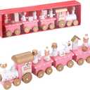 Pastel Pink Christmas Train Set, 4-Section Wooden Mini Train Set Winter Wonderland Village Decor Under Tree for Girly Christmas Party & Home Dcor