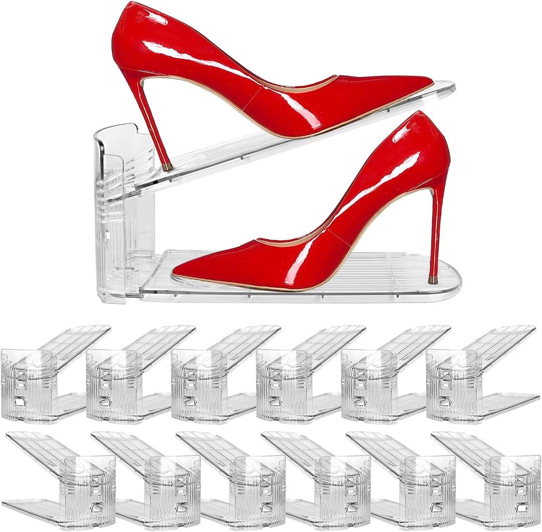 12 Pack Clear Shoe Slots Organizer - Adjustable Height 3.7''to 7.7'' Shoe Stackers for a Pair of Shoes ,Shoe Rack Storage Shoe Space Saver 50%,Easy to Assemble Shoe Hold Shoe Organizer for Cloest