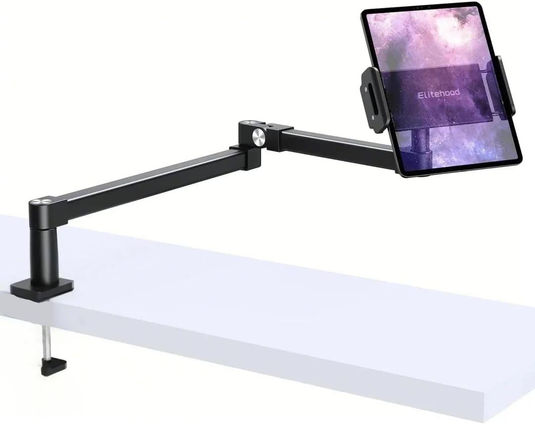 elitehood Long Arm iPad Desk Mount with Grommet Mounting Base, Heavy Duty Aluminum Tablet Holder for Desk, Swivel Arm Mount for iPad Pro 13/12.9 Air Mini, iPhone and 4.7-13in Tablets