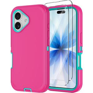 Annymall for iPhone 17 Case with Screen Protector, Heavy Duty 3-Layer Drop Protection DustProof, Military Grade Shock-Absorbing Rugged Bumper Phone Cases Cover for Apple iPhone 17 6.3" 2025 (Pink)
