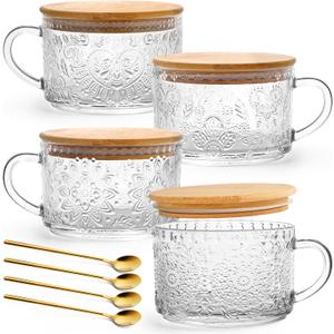 Glass Coffee Mugs with Bamboo Lids and Spoons Set of 4 Clear Embossed Glass Cups for Coffee, Tea, Overnight Oats, Dessert 12oz Aesthetic Kitchen Cups