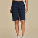 luvamia Bermuda Shorts for Women Knee Length High Waisted Cotton Elastic Waist Summer Dressy Casual Long Chino Shorts (Blue, XL)