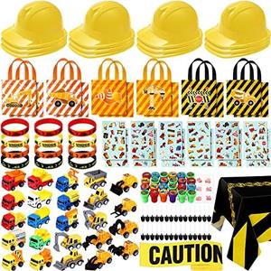 Sratte 148 Pcs Construction Birthday Party Supplies Include 12 Construction Hats, 24 Truck Toys, 12 Vehicle Stickers, 12 Silicone Bracelet, 12 Goodie Bag, 24 Stamps, 50 Shovels, 1 Tablecloth,1 Tape