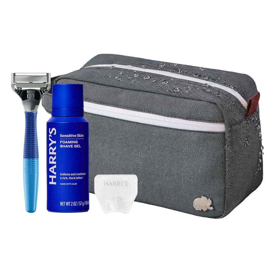 Harry's Travel Shaving Kit for Men - Toiletry Bag, Razor, Foaming Shave Gel, and Blade Cover -Travel Size Toiletries (Grey)