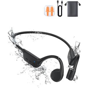 Bone Conduction Swimming Headphones, IPX8 Waterproof Open Ear Bluetooth Headphones with 32GB Built-in MP3 Player, Wireless Sport Headphones for Swimming, Running, Workout, Black