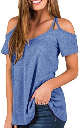Minclouse Women's Short Sleeves Cold Shoulder Tops V Neck Casual Strappy Shirts (Large, Sky Blue)