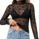 2 x Women's Lace Tops Mesh Sheer Long Sleeve See Through Undershirt (Black, L)