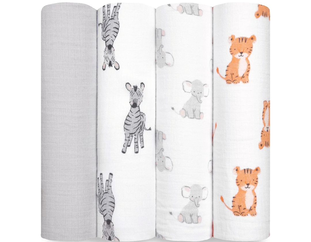 Aden + Anais Essentials Muslin Swaddle Blankets for Baby Girls and Boys, Newborn Receiving Blanket for Swaddling, 100% Cotton Baby Swaddle Wrap, 4 Pack, Safari Babes