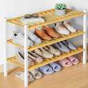 Smiry Bamboo Shoe Rack for Closet, 3 Tier Wooden Shoe Organizer, Stackable Wood Shoe Storage Shelf for Entryway, 14 Vertical Slats, One-piece Heavy-Duty Legs, 26.77"x11.02"x18.31", Natural & White
