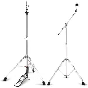Hi Hat Stand + Boom Cymbal Stand Set, Dual Braced 3-Leg Adjustable Hi-Hat Cymbal Stand with Smooth Pedal, Adjustable Boom Cymbal Stand for Drum Hardware for Mounting Crash, Ride, Splash Cymbal