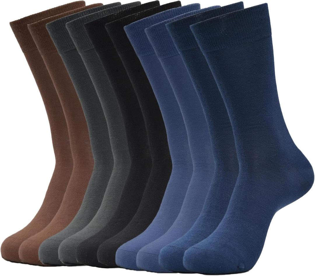 Men's Bamboo Fiber Dress Socks, Solid Color Breathable Moisture-Wicking, Brown Gray Navy, Crew Socks,5 Pack, 9-13