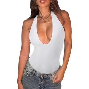 REORIA Bodysuits for Women Halter Tops 2025 Summer V Neck Backless Body Suits Tank Top Trendy Fashion Clothing XL