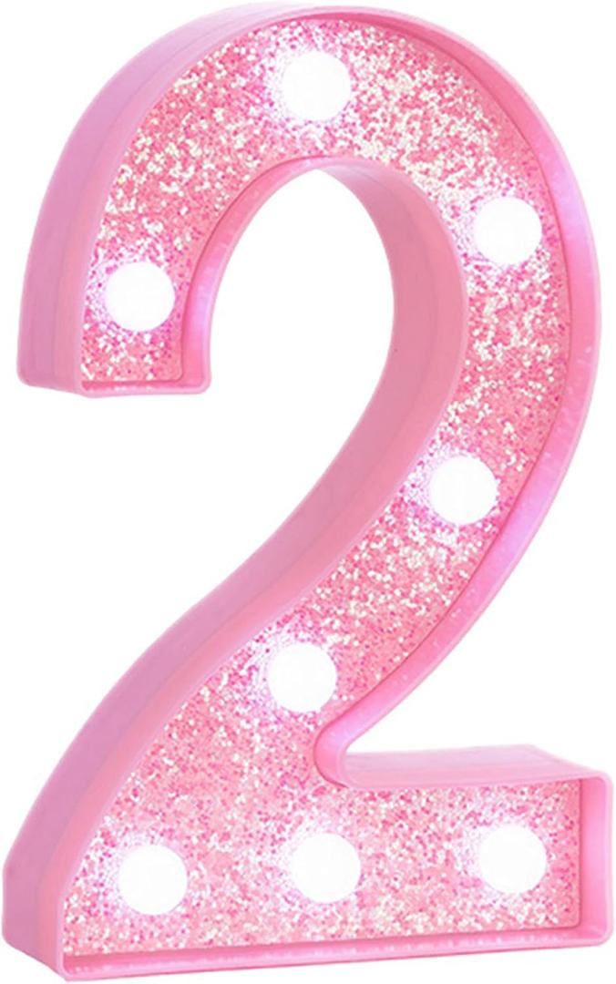 Pink Light Up Marquee Numbers, Glitter LED Number Lights Sign Battery Operated for Girls 2nd Pink Birthday Party Table Decorations, 2026 Graduation Decor, 8 Inch Number 2 with Cool White Lights