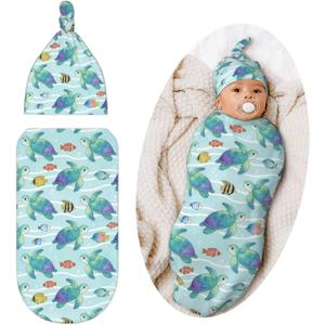 Turtle Swaddling Blanket for Baby, Unisex Beach Baby Stuff with Hat