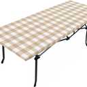 Beige Checkered Fitted Table Covers for 8 Foot Tables, Farmhouse White Buffalo Plaid Elastic Table Cover Rectangle 32"x96" Waterproof Tablecloth, Patio Table Cloth for Indoor Outdoor Picnic Party (Checkerboard11sdy6252)