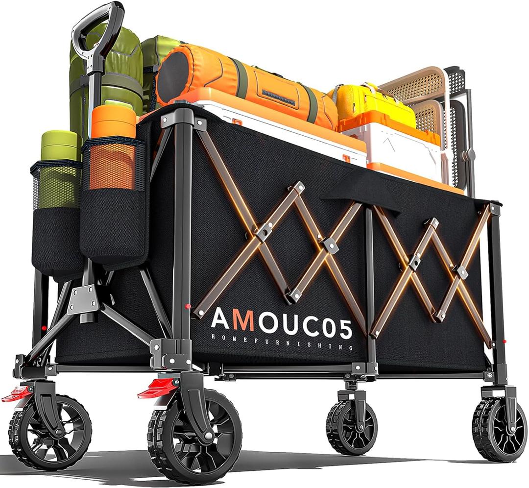 AMADA HOMEFURNISHING Wagons Carts Foldable, Collapsible Wagon with 360 Rotating Wheels and Side Pocket, Large Capacity 350LBS Foldable Wagon Cart for Shopping, Garden, Camping,Sports and Outdoor Use