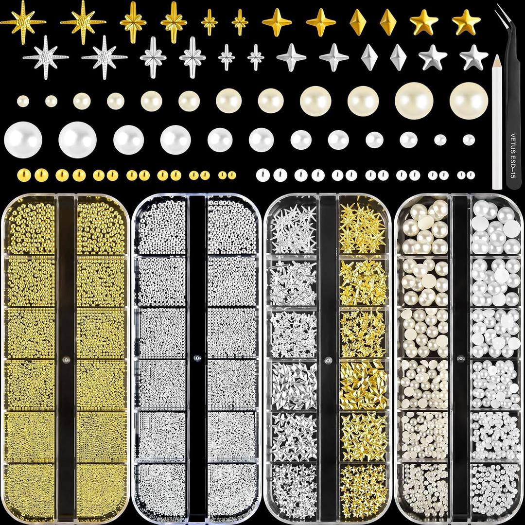 NEBURORA Gold and Silver Caviar Nail Art Beads Flat-Back Pearls (White + Beige) Multi-Shape Metal Nail Art Gemstone Set with Tweezers and Pickup Pen Mixed Sizes 0.6-2mm