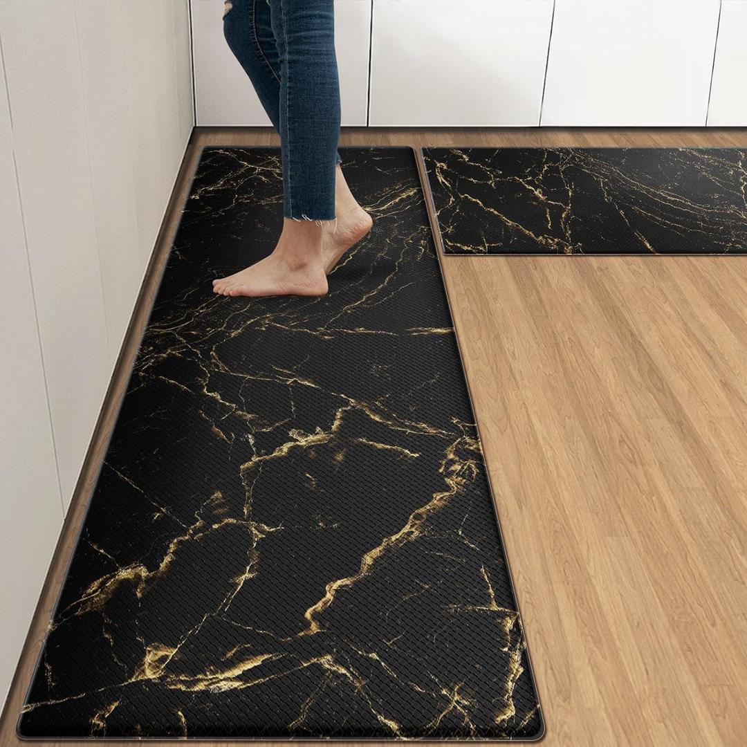 Arttown Marble Anti-Fatigue Kitchen Rug Set of 2 Black Gold Abstract Modern Cushioned Floor Mat, Standing Waterproof Non-Slip Kitchen Mat and PVC Ergonomic Comfort Foam Rug (17.3 x 59 inch + 17.3 x 29 in)