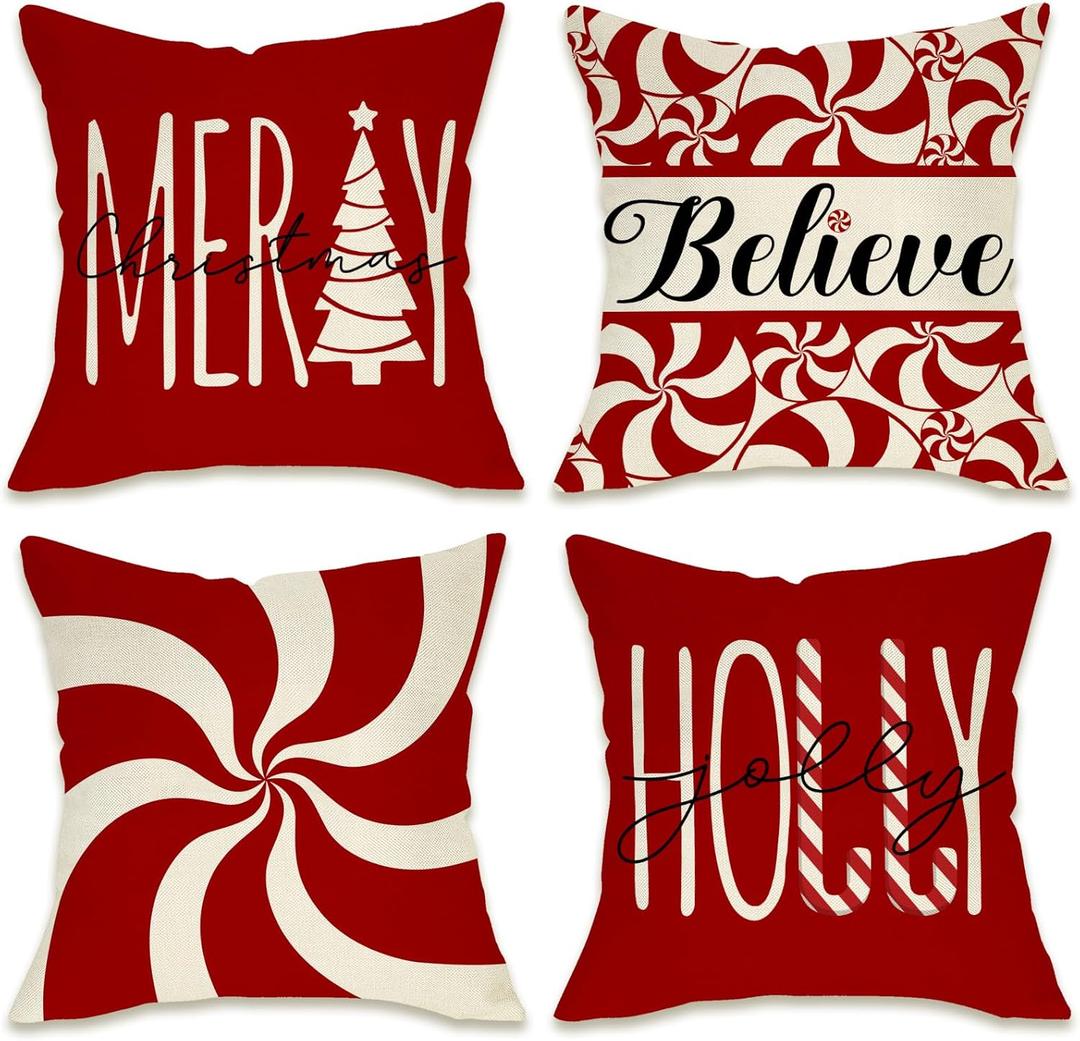 Fahrendom Merry Christmas Tree Decorative Throw Pillow Cover 16 x 16 Set of 4, Xmas Red Candy Canes Porch Patio Outdoor Pillowcase, Winter Holiday Holly Jolly Gifts Cushion Case Home Decor
