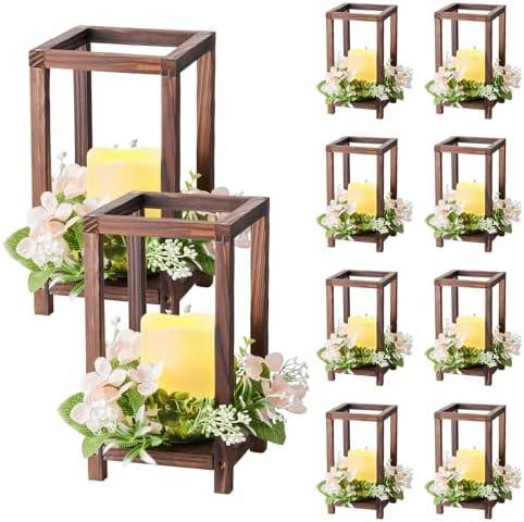 VEVOR 10 Set/30 Pcs Wooden Wedding Lantern Centerpiece, Includes 10 Wooden Lantern Candle Holder 10 Flameless LED Candle 10 Champagne Flower Wreath for Wedding Table Party Farmhouse Decor, Brown