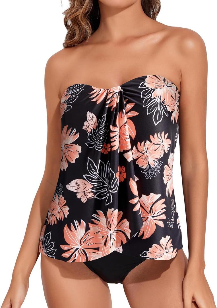 Tempt Me Floral Black Two Piece Tankini Bathing Suits for Women Halter Bandeau Swim Top with Bottom Flyaway Tummy Control Swimsuit M