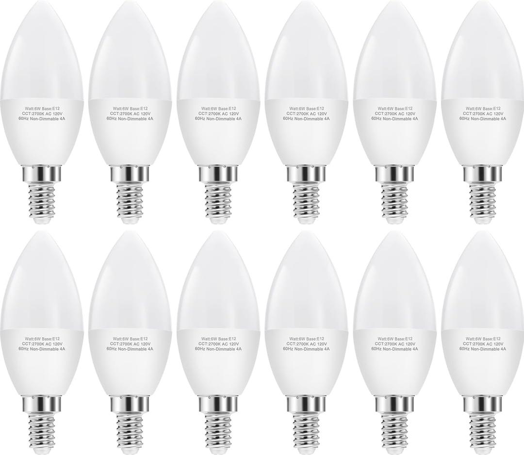 E12 LED Candelabra Bulbs, 60W Equivalent E12 Light Bulbs, C37 Candle Base Chandelier Light Bulbs, Warm White 2700K, Non-Dimmable, Pack of 12