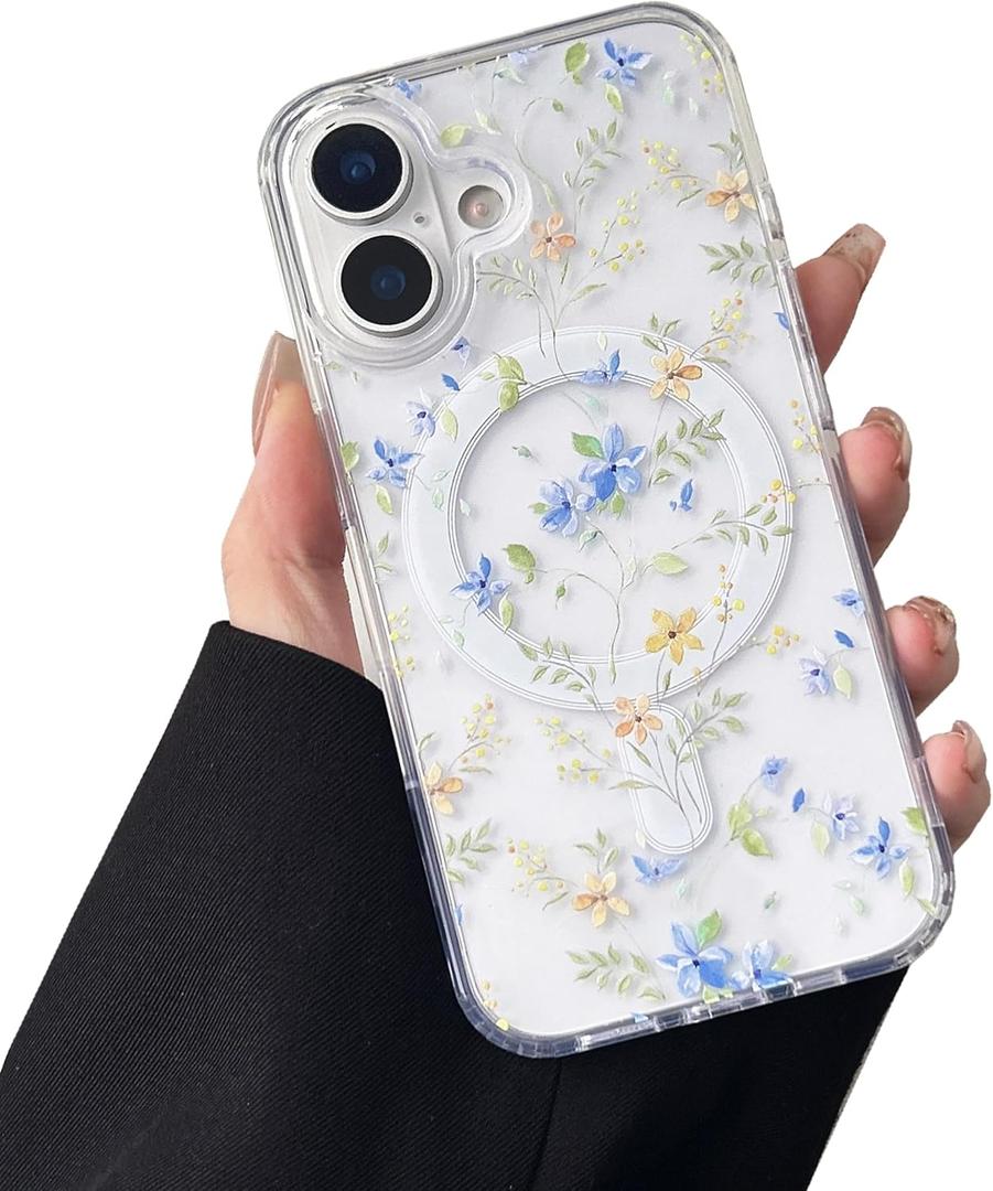 ZTOFERA for iPhone 16 Magnetic Case Compatible with Magsafe,Aesthetic Floral Pattern Design Cute for Girl Women,Anti-Drop Protective Hard Phone Cover for iPhone 16-Blue Flower