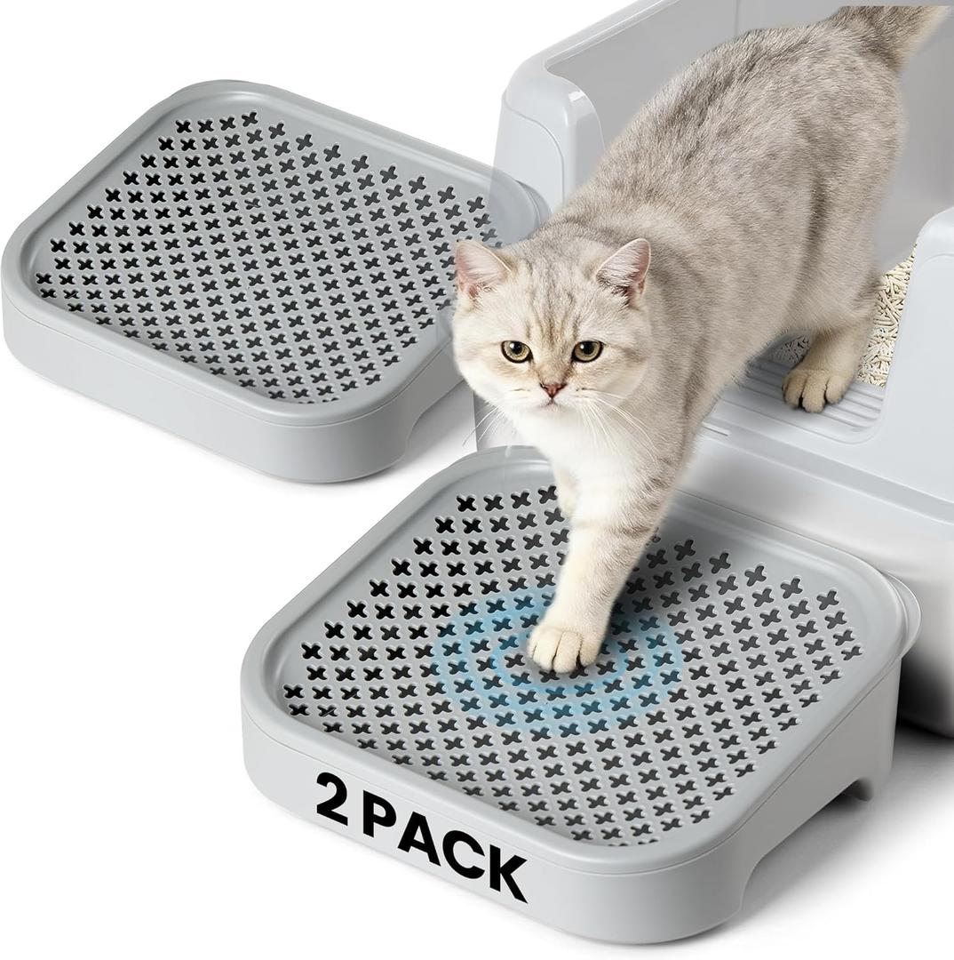 Litter Box Step, Litter Box Ramp/Catcher, Anti-Tracking & Easy to Clean, Ideal for Small & Elderly Cats (2-Pack Light Grey)