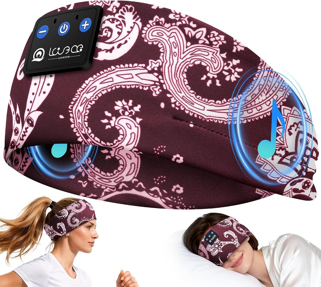 LOVE EYE Sleep Headphones Bluetooth 5.4, Sleep Mask Wireless Music Eye Mask for Side Sleepers, Soft Breathable Music Headband with HD Speaker for Workout Jogging Yoga Insomnia Travel Gift (Plum Red)