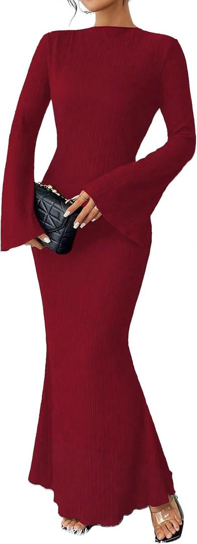 Narecte Fall Dresses for Women 2025 Maxi Dresses Solid Color Boho Dress Flare Sleeve Bodycon Dress (Large, Burgundy)