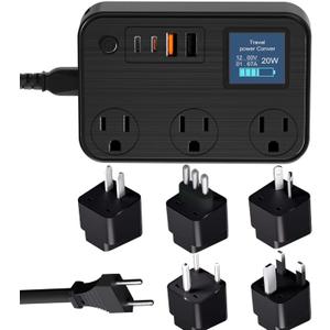 350W Converter Plug with 2 USB and 2 USB-C (20W PD) Fast Charging International Travel Converter for 220V to 110V for 100V-240V and Including US/EU/UK/India/South Africa Plugs (Black)