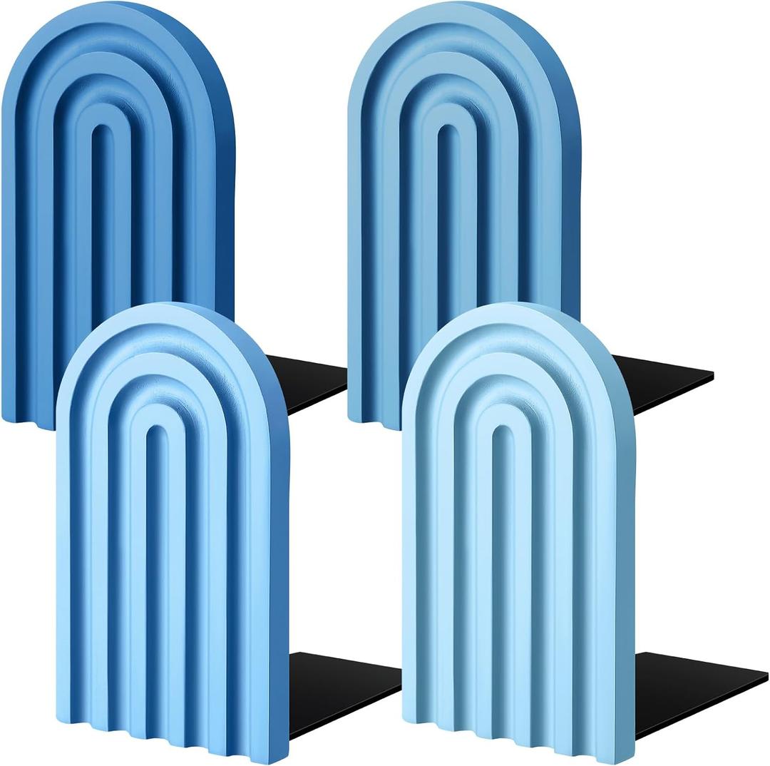 Harloon 4 Pcs Boho Arch Wooden Bookends, Decorative Rainbow Book Stoppers with Non-Slip Metal Base, 5x3x4 Inches, Cute Shelf Decor for Heavy Books, Home Office Study Desk Organizer(Denim Blue Color)