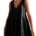 OPCAKM Women's V Neck Sleeveless Mini Dress Loose Summer Pleated Swing Flowy Sundress(Black-M)