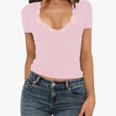 Women's Short Sleeve Sexy Lace V-Neck Summer Going Out 2025 Crop Tops Slim Fit Tees Trendy Y2k Clothing, M