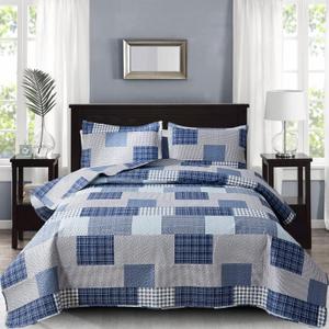 CHESITY Plaid Quilt Set Twin Size 3-Piece Navy Blue Plaid Bedding Sets Reversible Lightweight Stripe Quilt Grid Coverlet Bedspread Patchwork Soft Quilt for Bed (68" x 86")