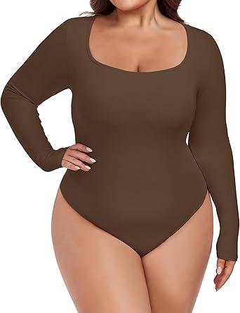 FOREYOND Plus Size Bodysuits for Women Long Sleeve Scoop Neck Bodysuit Sexy One Piece Body Suit Tops (XX-Large, Coffee)