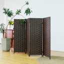 Furnnylane 4 Panel Double Sided Short Room Divider for Room Separation, Dark Brown Rattan Folding Privacy Screen, Freestanding Partition Screen for Home Office - 3.95 ft Tall