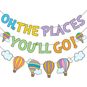 Oh The Places You'll Go Decorations Banner, NO-DIY Colorful Dr Decorations Banner, Oh The Places You'll Go Graduation Decorations Banner for Kindergarten Preschool Graduation Decorations