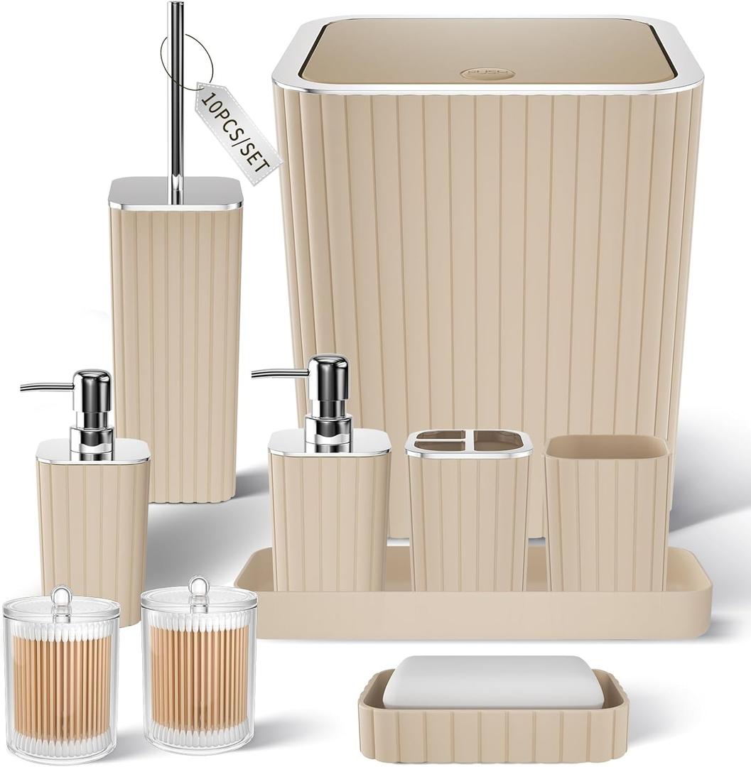 Bathroom Accessories Set - Gorgeous Beige Bathroom Set, 10PC Bathroom Accessory Set, Toilet Brush, Trash Can & Soap Dispenser
