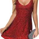 Trancylight Women's Glitter Sequin Dress Spaghetti Strap V Neck Party Cocktail Sparkly Mini Dress Clubwear (Red, L)