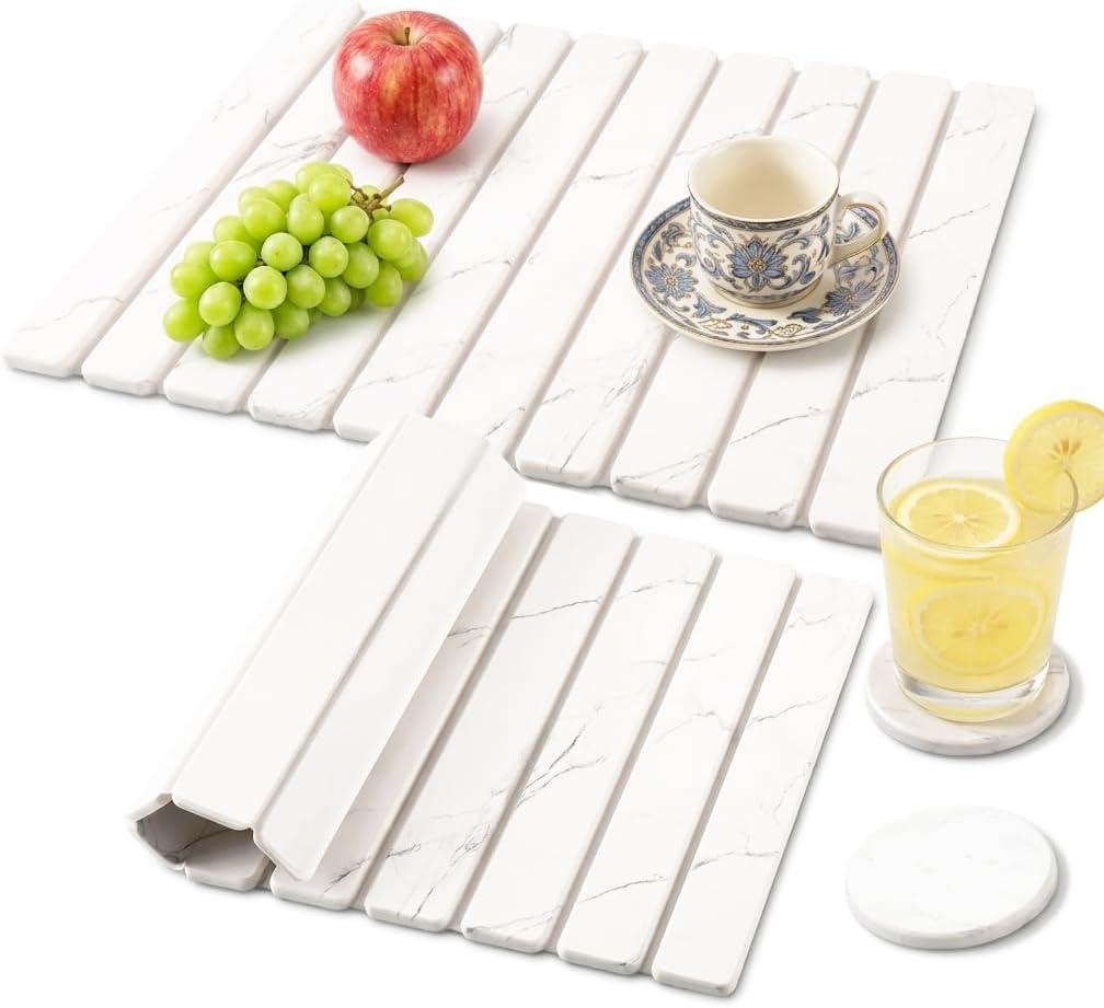 3 PCS Large Stone Dish Drying Mat for Kitchen Counter - Quick Dry Diatomaceous Earth Mat with 2 Coasters, Ultra Absorbent Stone Drying Pad for Dishes & Cups, Heat Resistant, White Marble (24" x 16"+ 4")