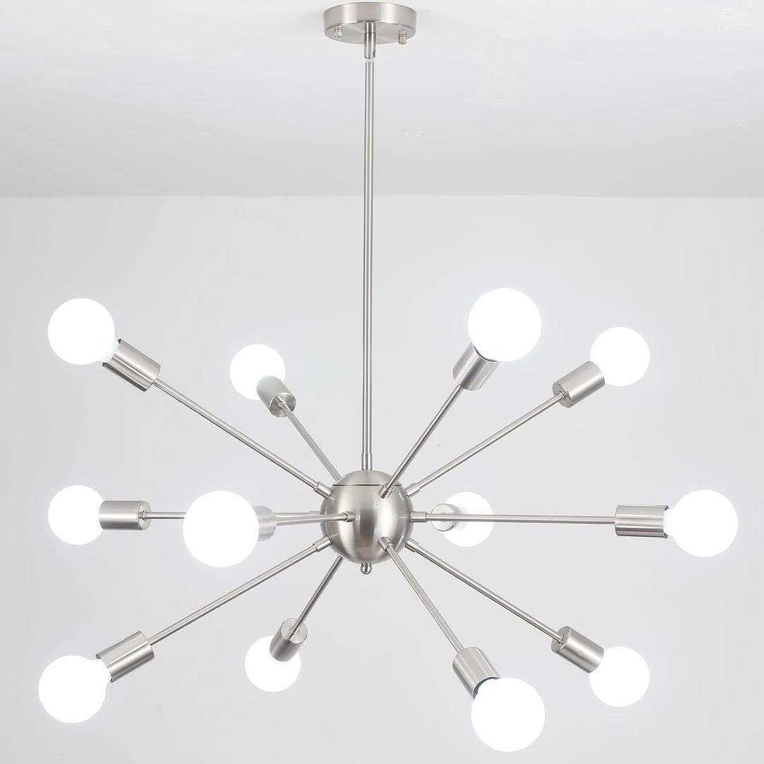 Modern Chandelier Light Fixture, 12-Light Brushed Nickel Sputnik Chandelier, Mid Century Industrial Sputnik Light Fixture for Dining Room Living Room Kitchen Hallway Foyer Bedroom, Height Adjustable
